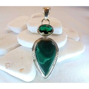 Large Natural Malachite Green Quartz Sterling Silver Handmade Pendant 25.4 grams
